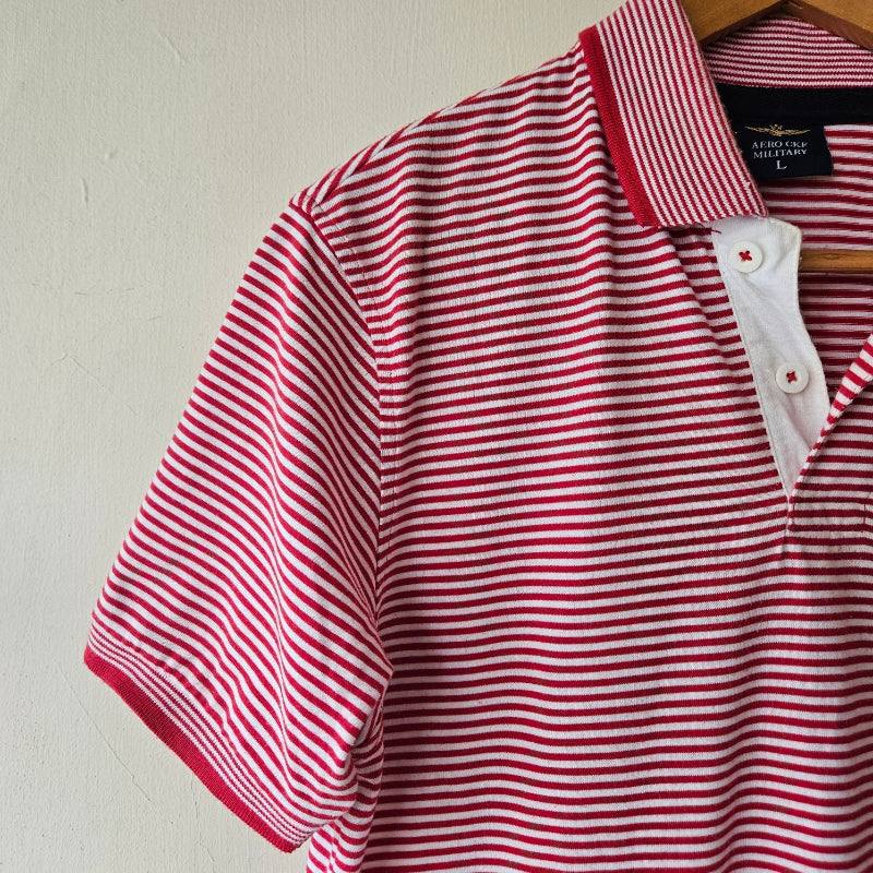 Unusual Striped Collar Polo Shirt Red and White Aero CKF Military Vintage Skater