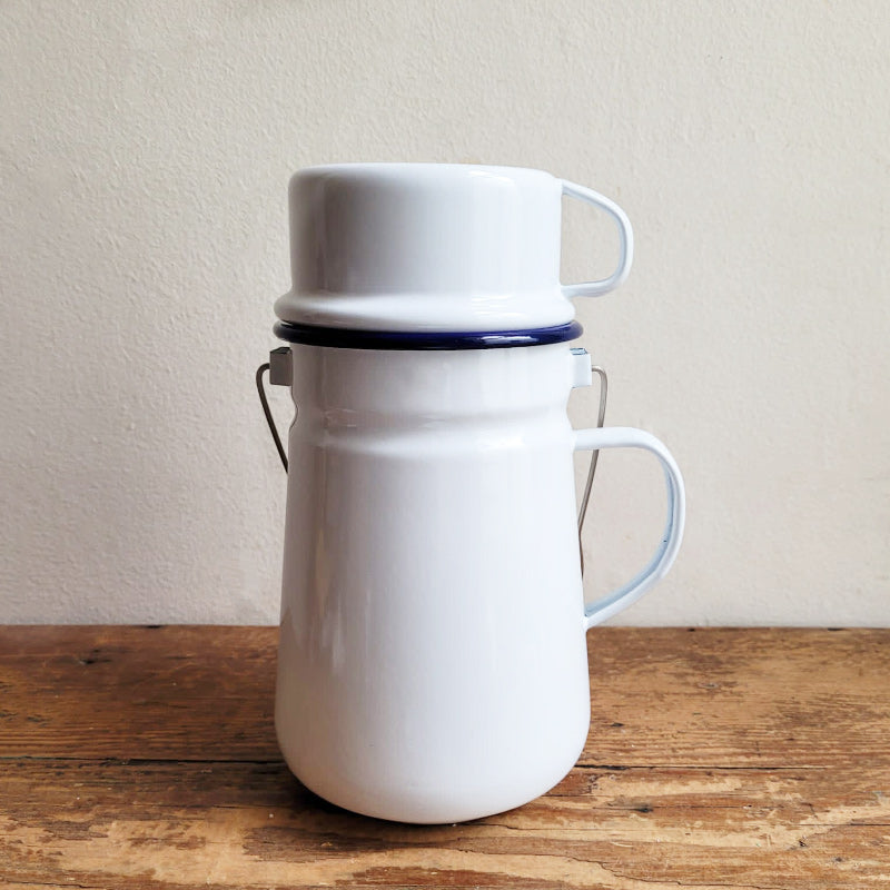 Enamel Tea Can with Handle - 11cm -  White/Blue Rim