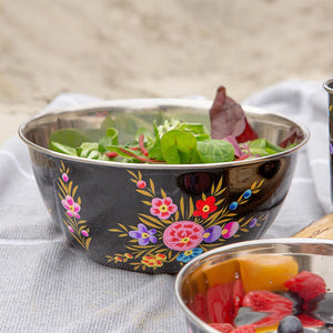 Pansy Handpainted Metal Salad Bowl - Black