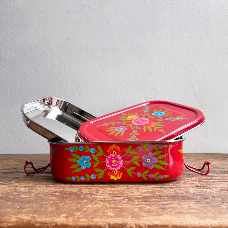Hand Painted Enamel Snack Box - Blossom Red