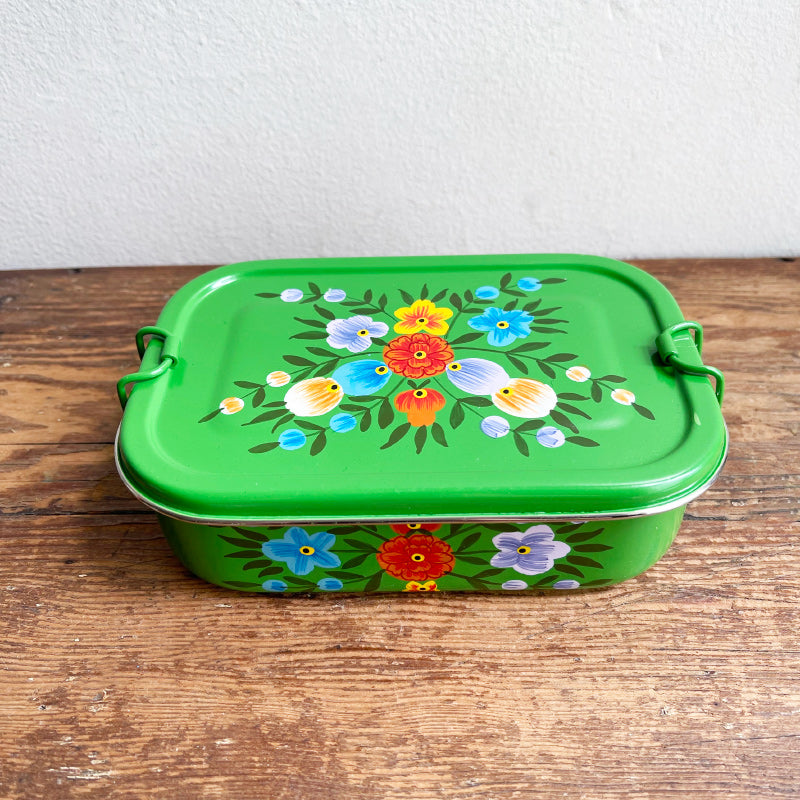 Hand Painted Enamel Snack Box - Garden Green