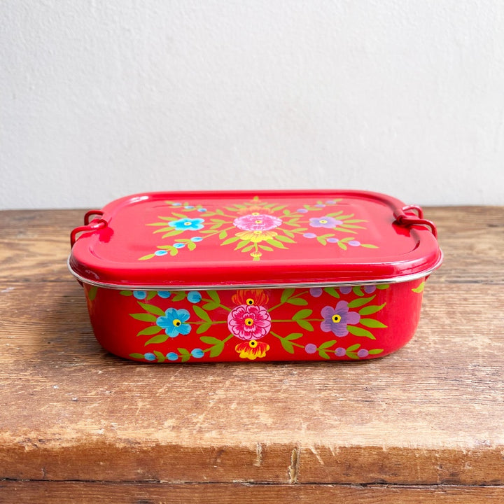 Hand Painted Enamel Snack Box - Blossom Red