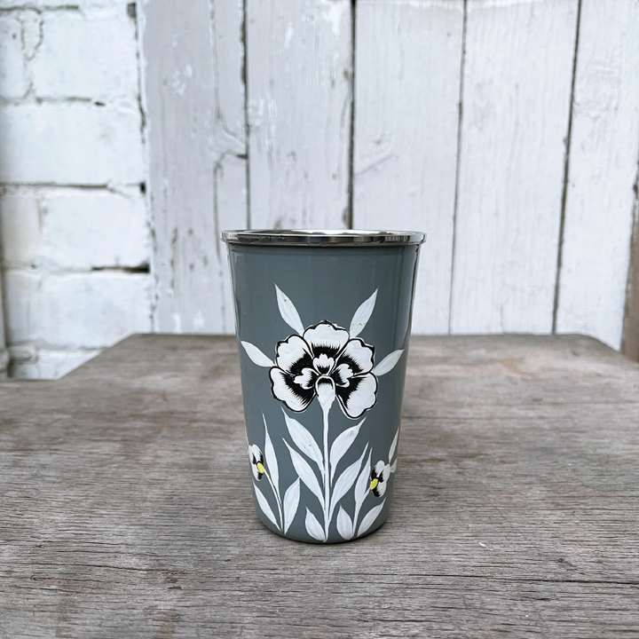 Hand Painted Folk Art Tall Cup - Grey Flower