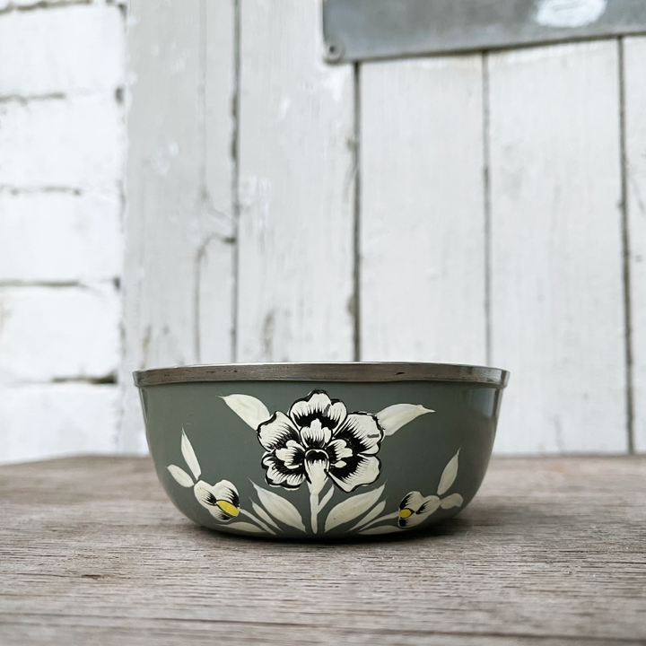 Hand Painted Folk Art Bowl - Grey Flower