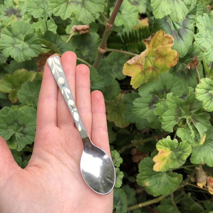 Enamelware Steel Hand Painted Folk Art Spoon - Grey Flower
