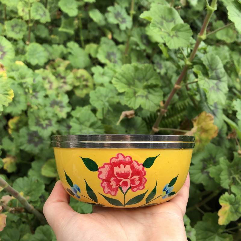 Hand Painted Folk Art Bowl - Yellow Flower