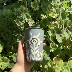 Enamelware Steel Hand Painted Folk Art Tall Cup - Grey Flower