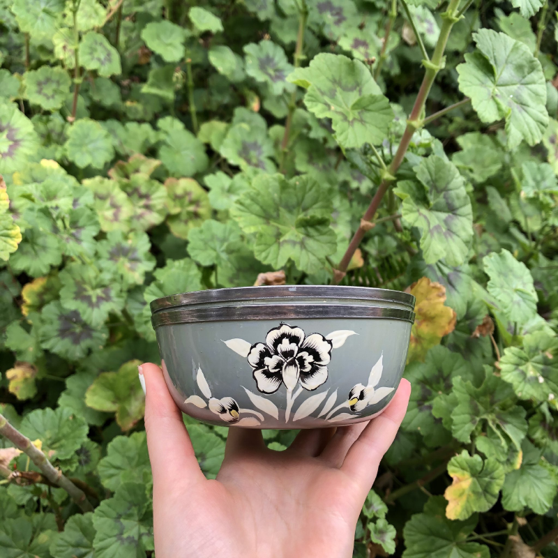 Enamelware Steel Hand Painted Folk Art Bowl - Grey Flower
